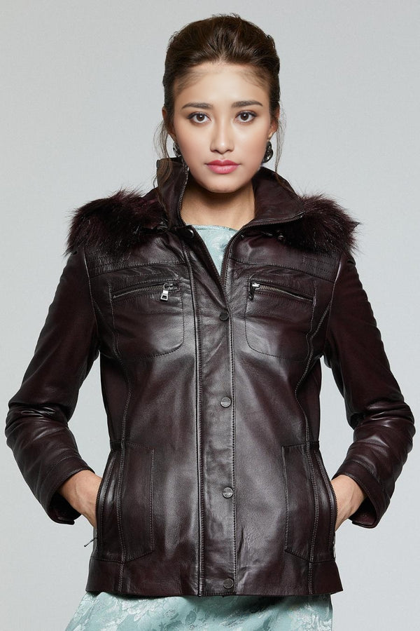 Ava Stylish Fur Hood Brown Leather Jacket For Women