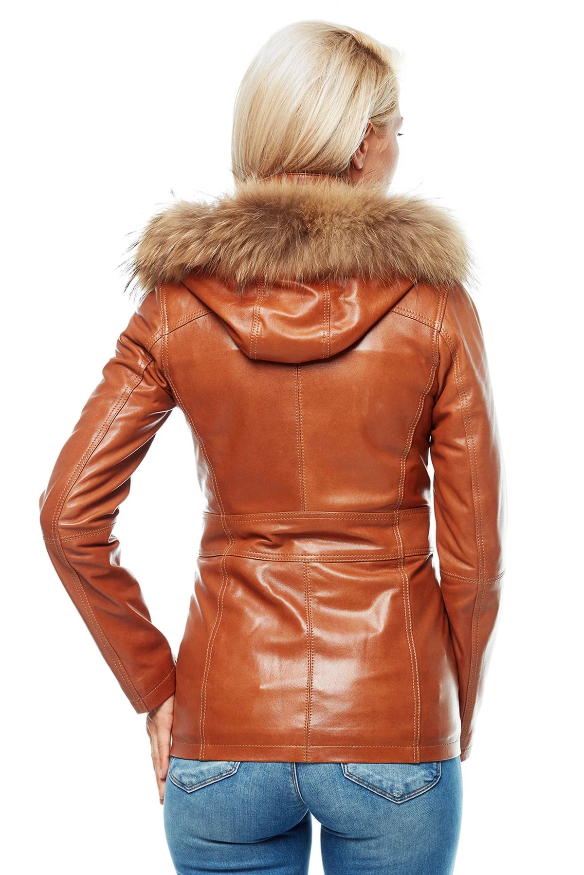 Emerson Orange Leather Jacket With Hood For Women
