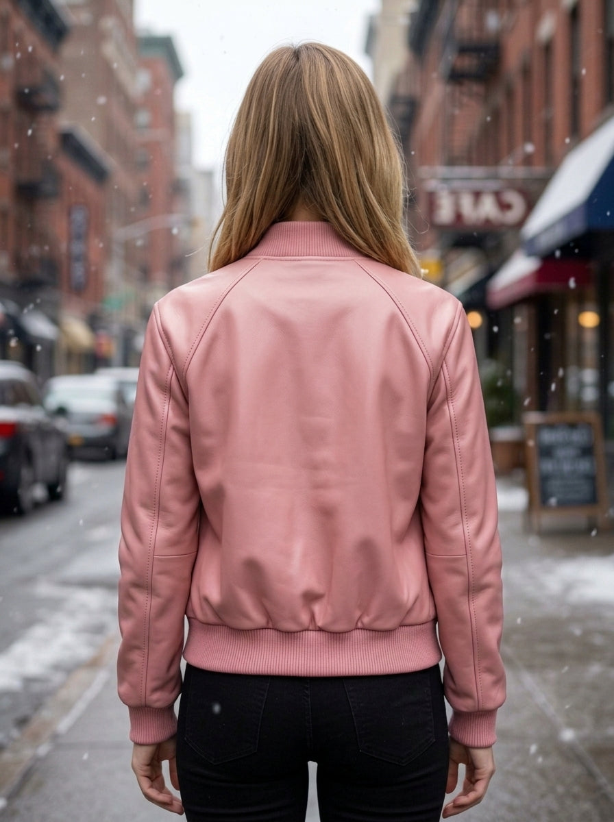 Pink Slim Fit Bomber Leather Jacket For Women