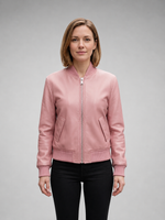 Pink Slim Fit Bomber Leather Jacket For Women