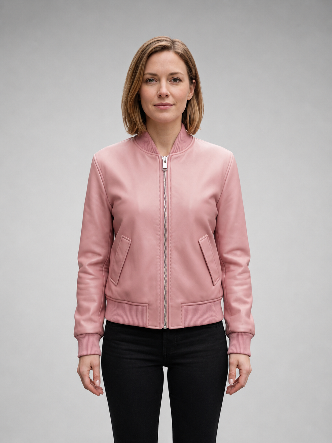 Pink Slim Fit Bomber Leather Jacket For Women