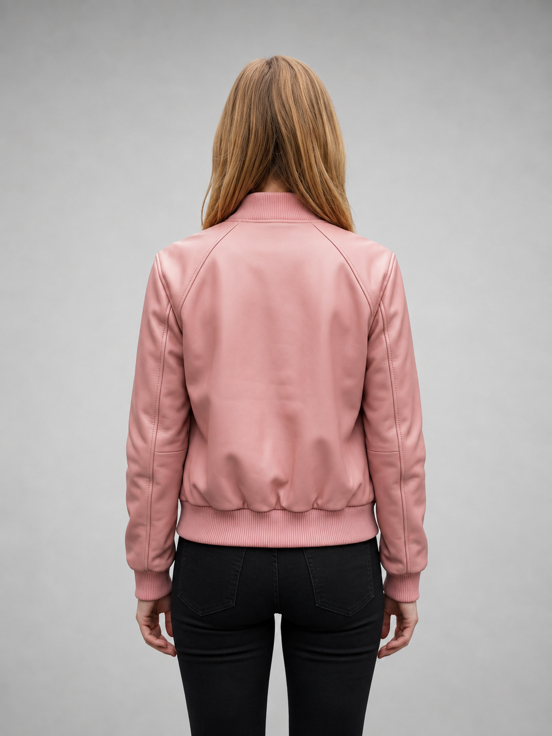 Pink Slim Fit Bomber Leather Jacket For Women