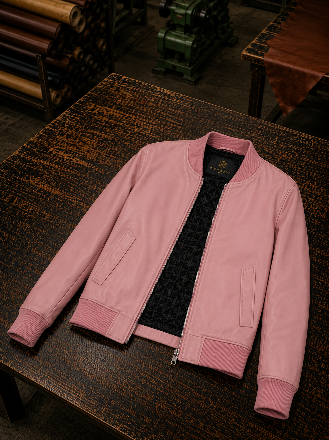 Pink Slim Fit Bomber Leather Jacket For Women