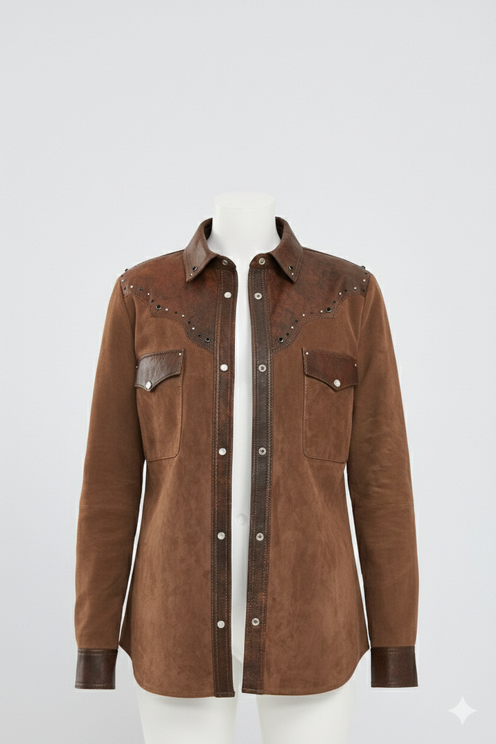 Premium Western-Style Brown Suede & Leather Shirt Jacket