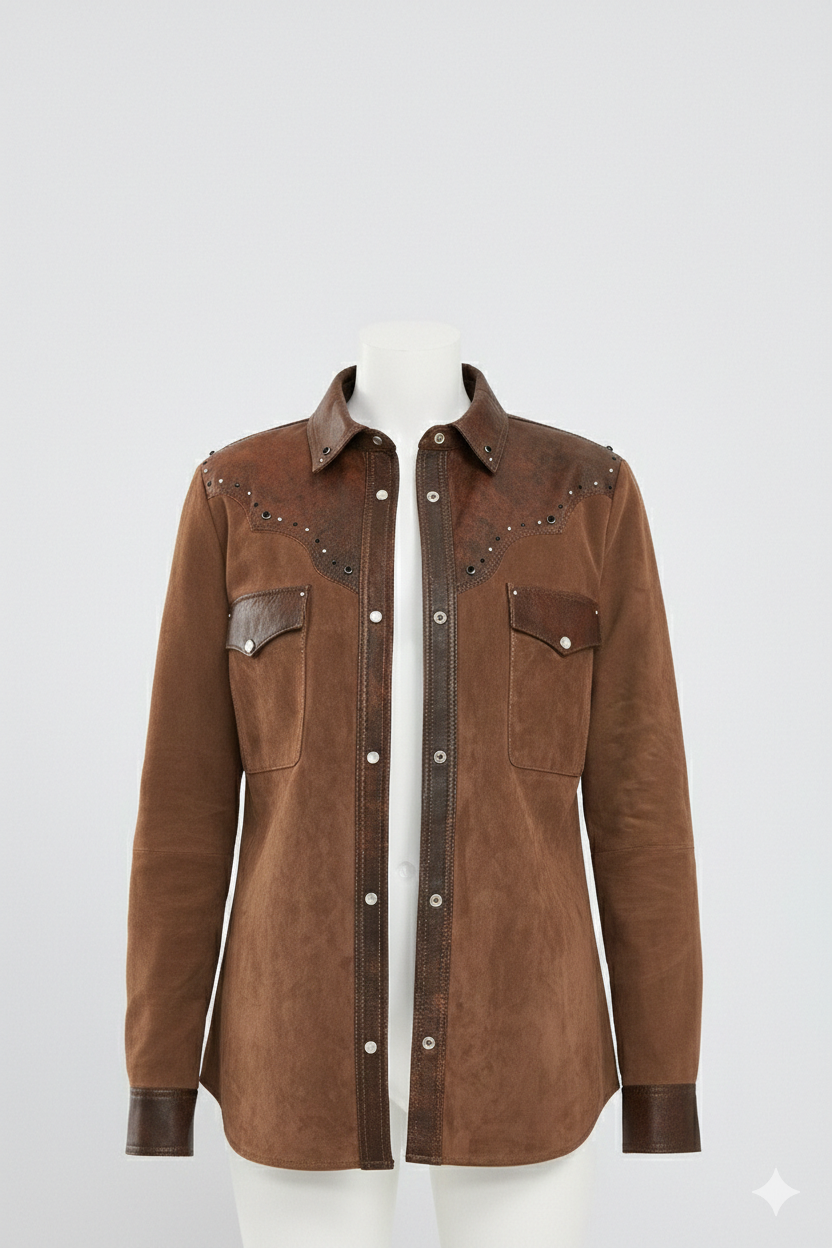 Premium Western-Style Brown Suede & Leather Shirt Jacket