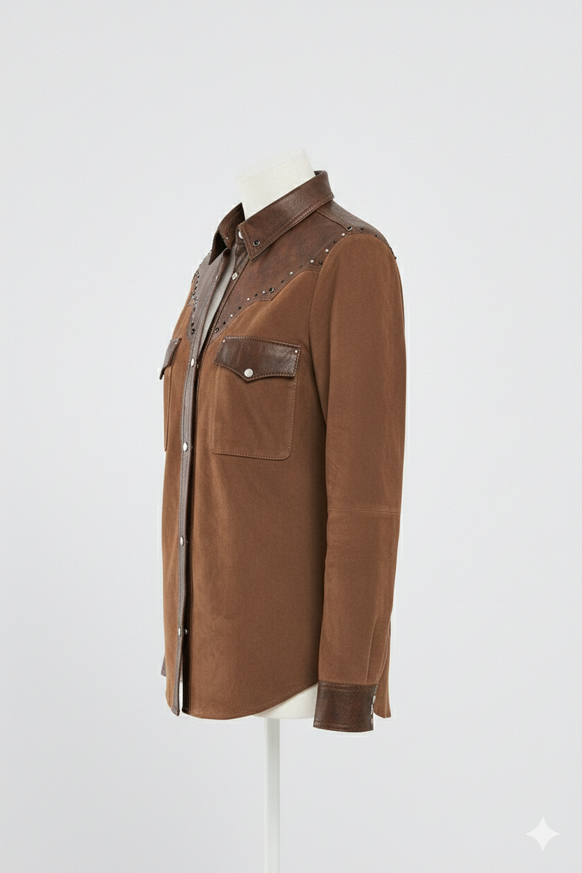 Premium Western-Style Brown Suede & Leather Shirt Jacket