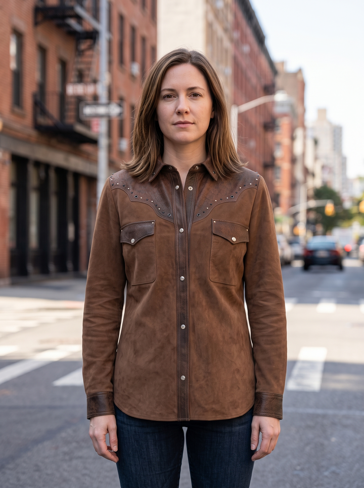 Premium Western-Style Brown Suede & Leather Shirt Jacket