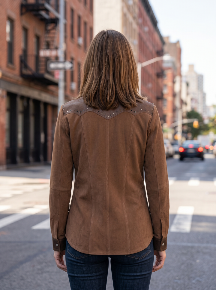 Premium Western-Style Brown Suede & Leather Shirt Jacket