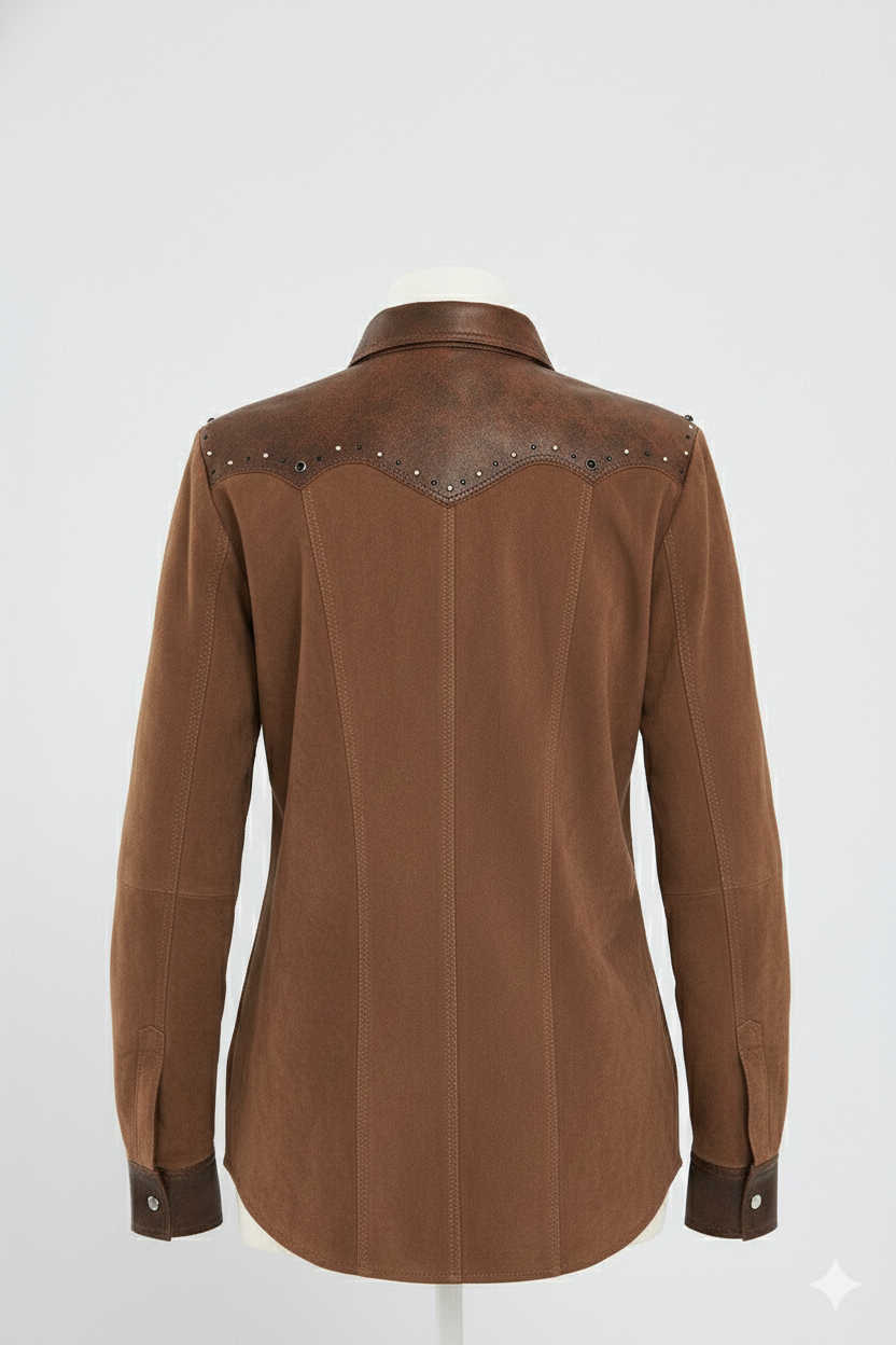 Premium Western-Style Brown Suede & Leather Shirt Jacket