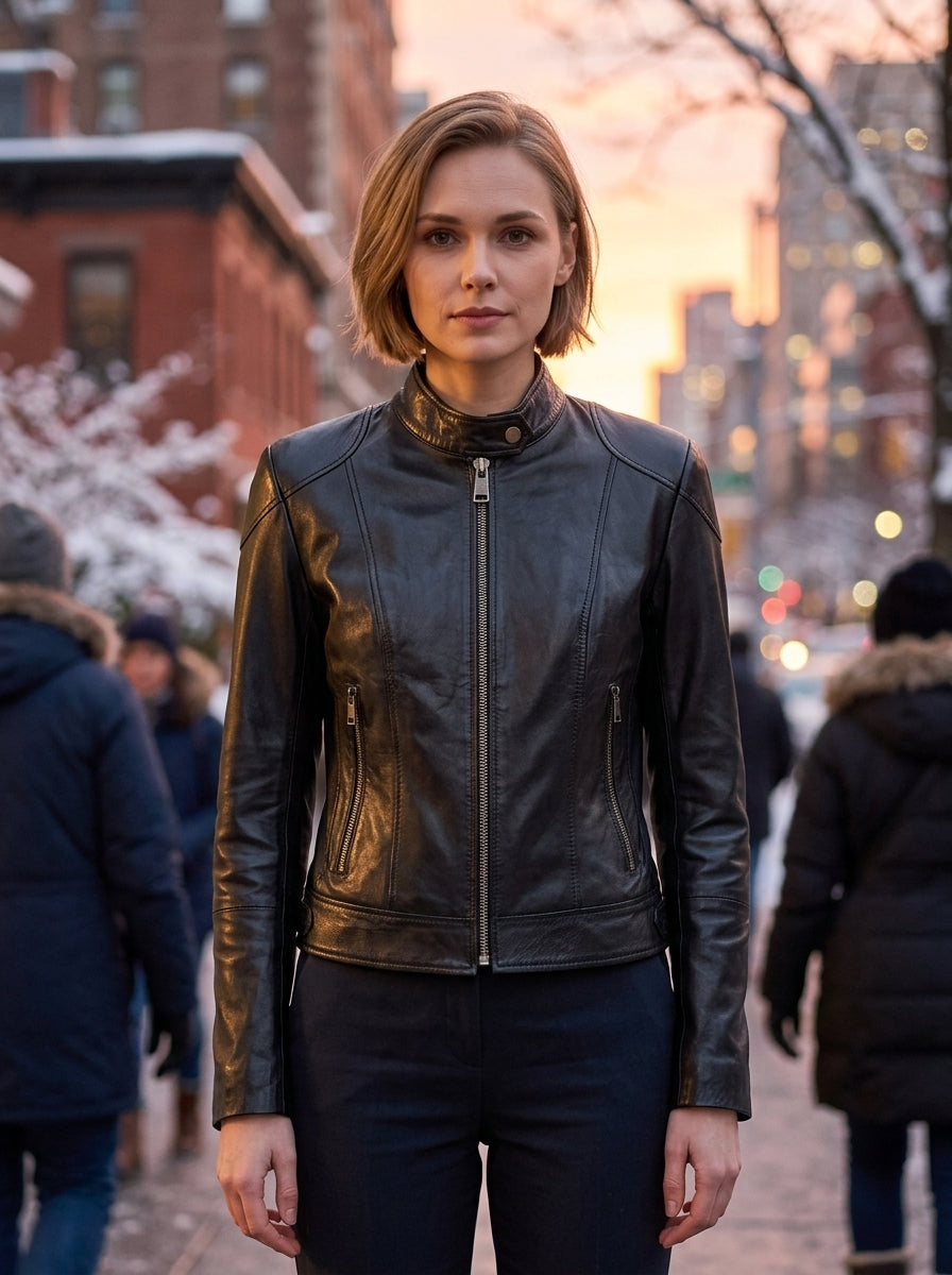 Prima Short Black Leather Jacket For Women
