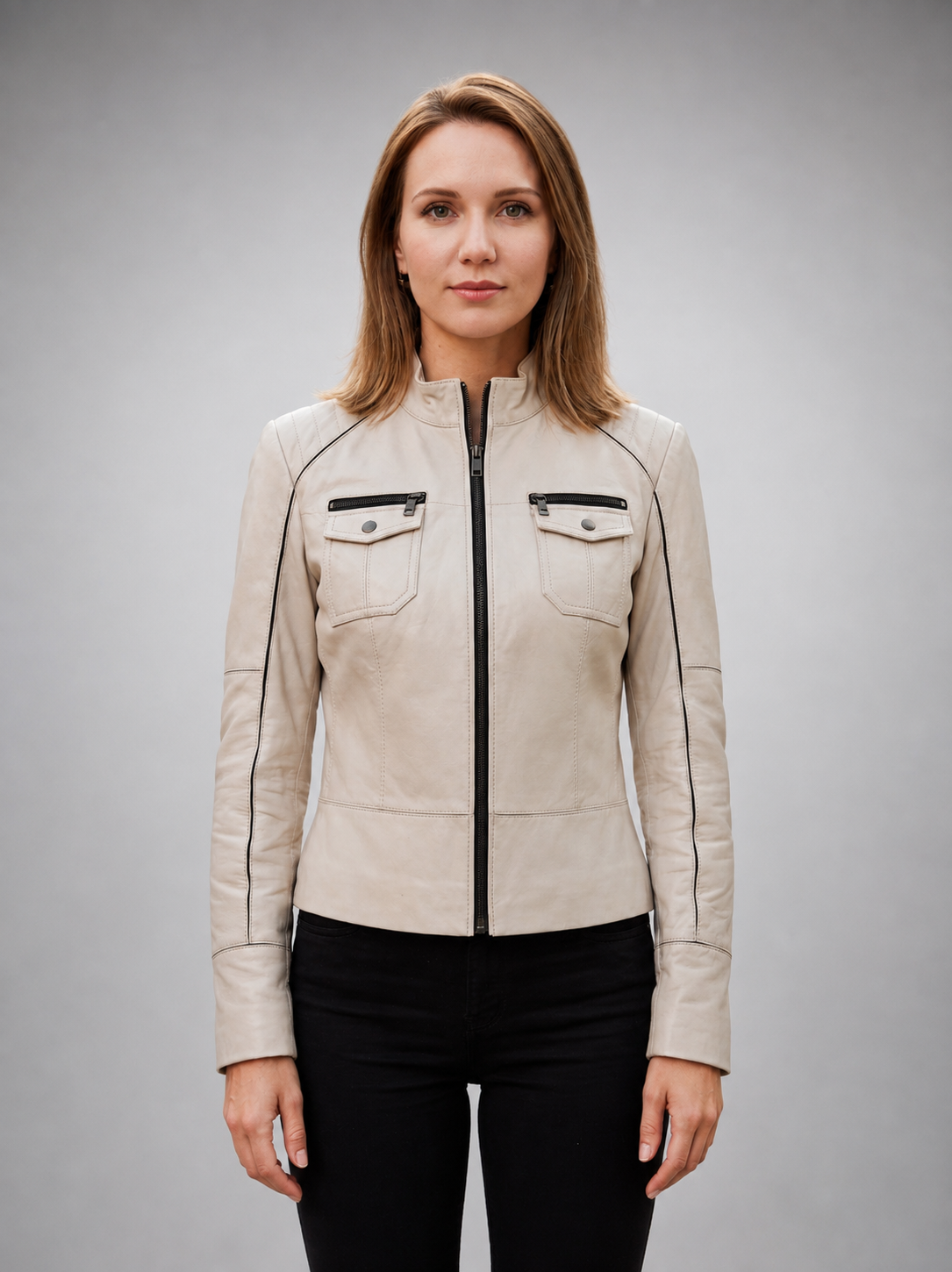 Priscilla Beige Leather Jacket for Women