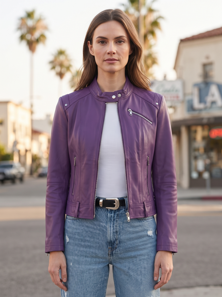 Purple Stylish Motor Bike Leather Jacket For Women