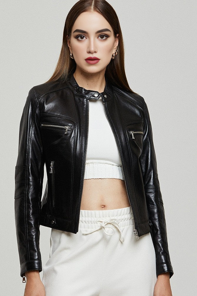 Black Sara Leather Jacket For Women's