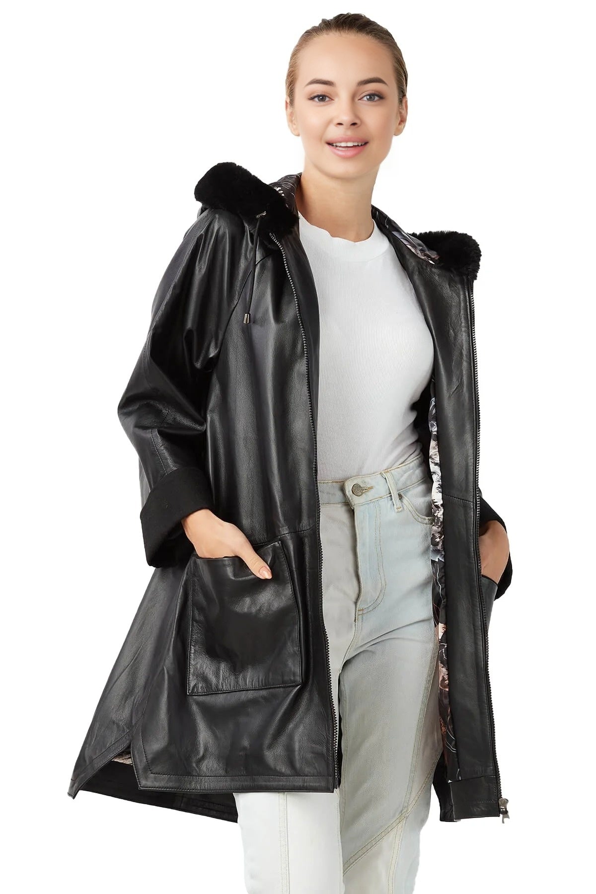 Riley Black Leather Coat For Women With Hood