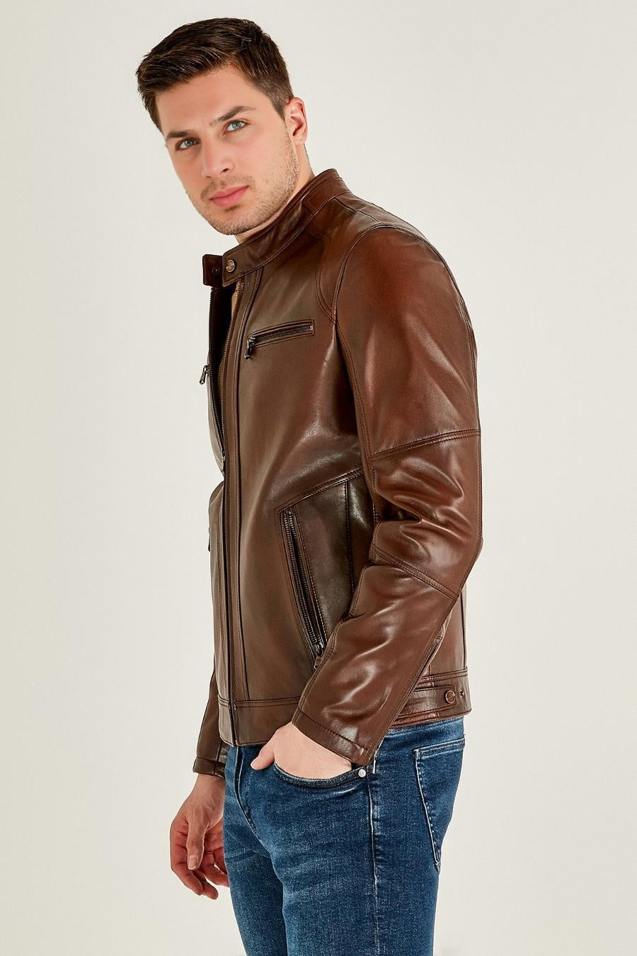 Classic Moto Brown Leather Jacket For Men