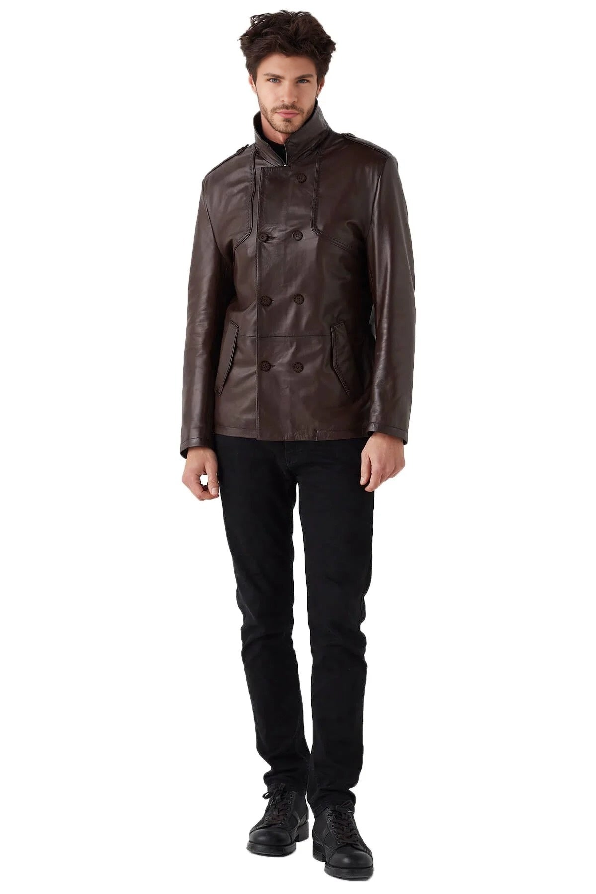 Kingston Brown High Collar Leather Jacket For Men