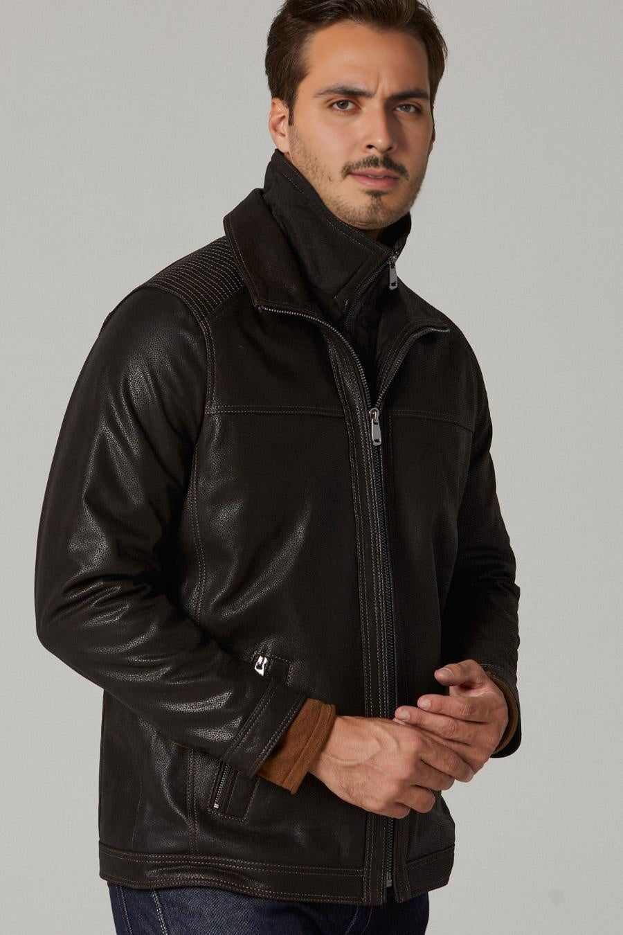 Rib-stitched Long Leather Jacket for Men - Dark Brown