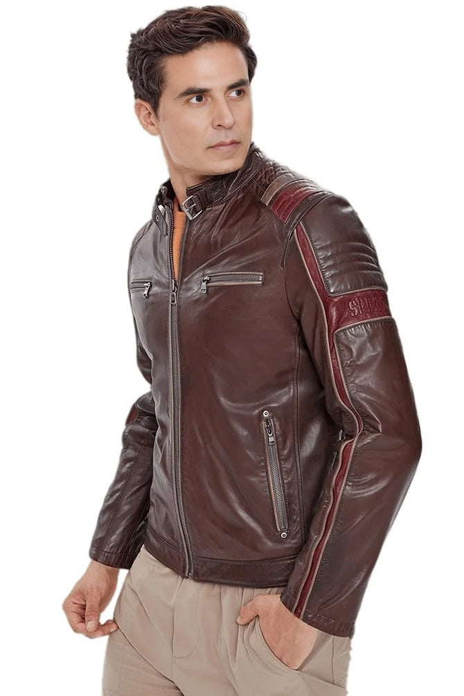 Harrison Men's Brown Leather Jacket With Red Stripe