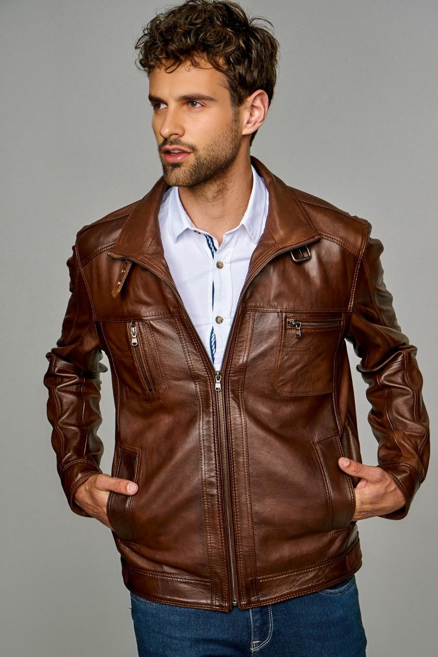 Brown Distressed High Collar Leather Jacket For Men