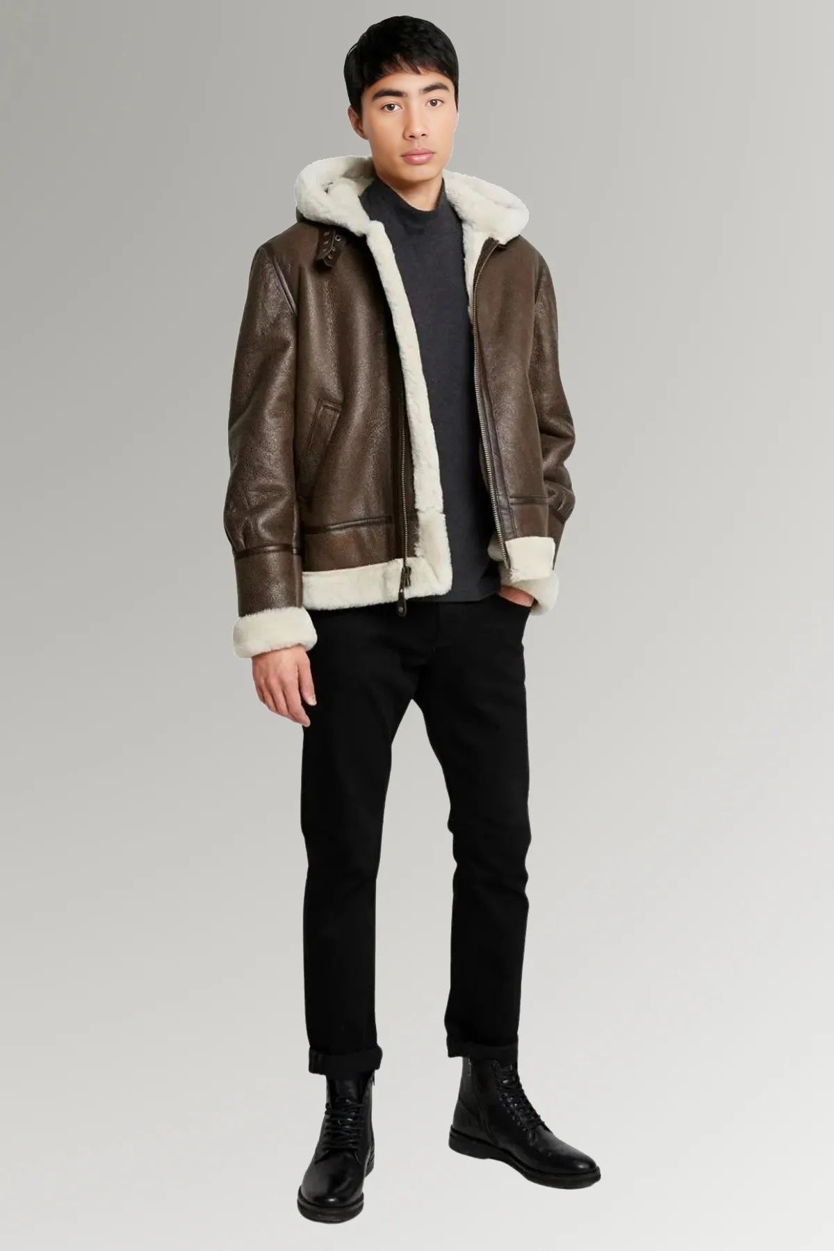 Marcus Brown Fur Shearling Leather Jacket For Men With Fur Hood