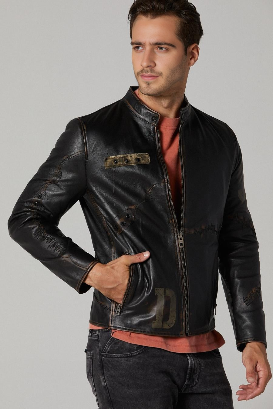 Trendy Distressed Black Leather Jacket For Men