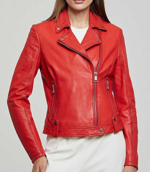 Red Gina Motor Bike Leather Jacket For Women