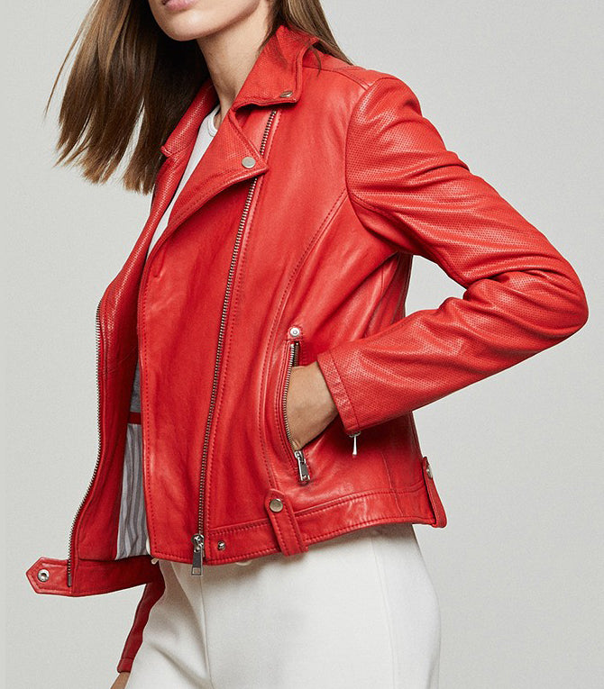 Red Gina Motor Bike Leather Jacket For Women