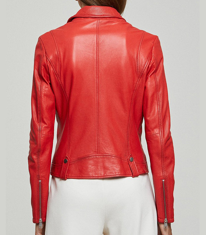 Red Gina Motor Bike Leather Jacket For Women