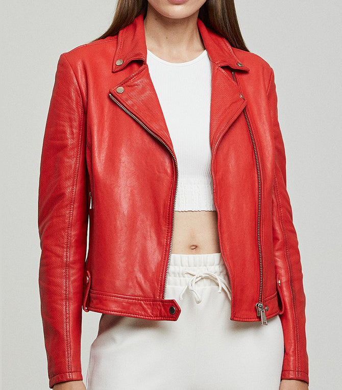 Red Gina Motor Bike Leather Jacket For Women