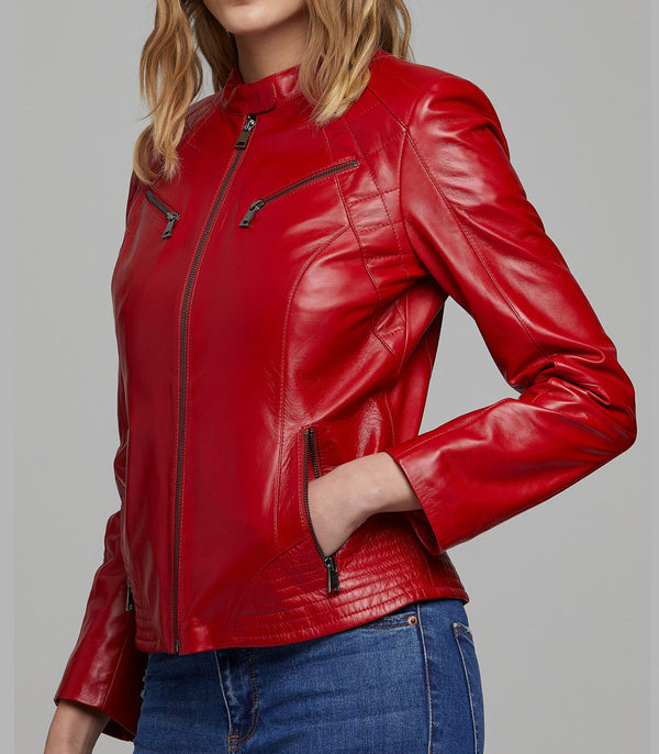 Lucky Red Motor bike Leather Jacket For Women