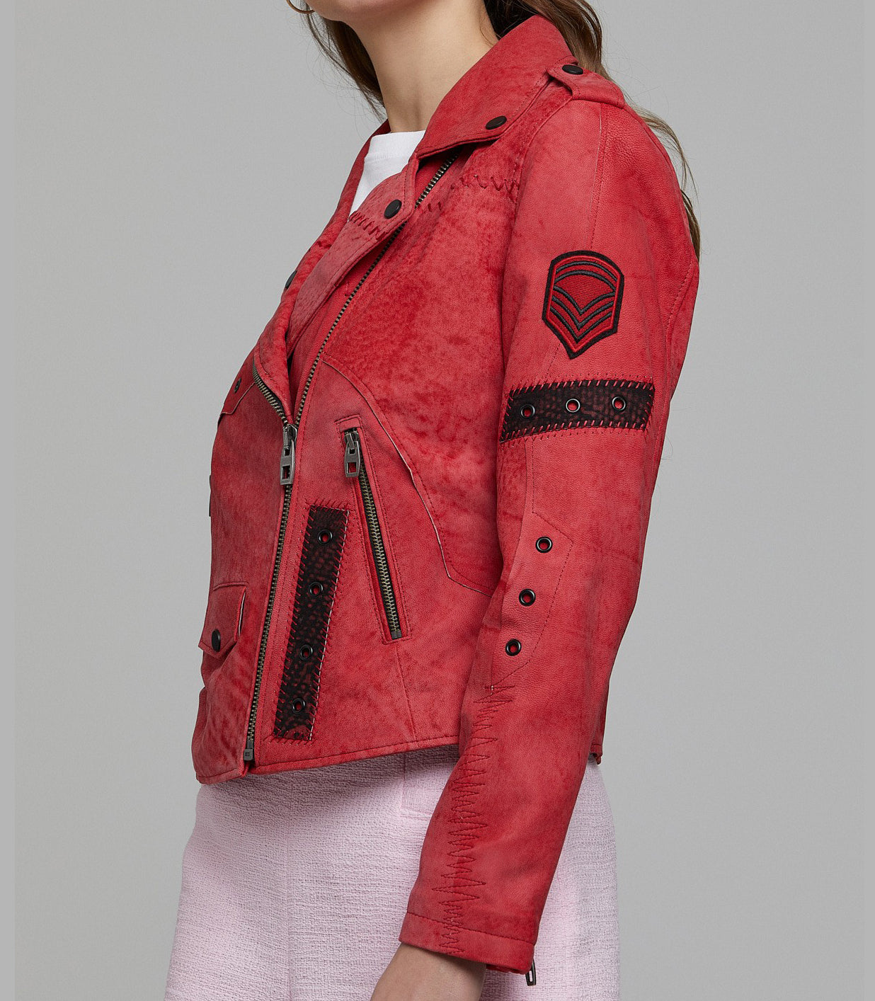 Hannah Red Distressed Leather Jacket For Women