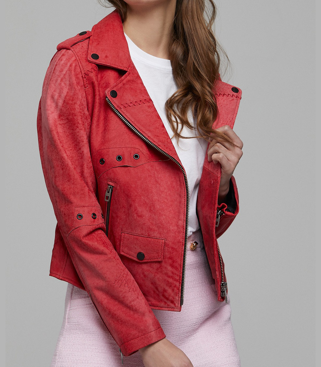 Hannah Red Distressed Leather Jacket For Women