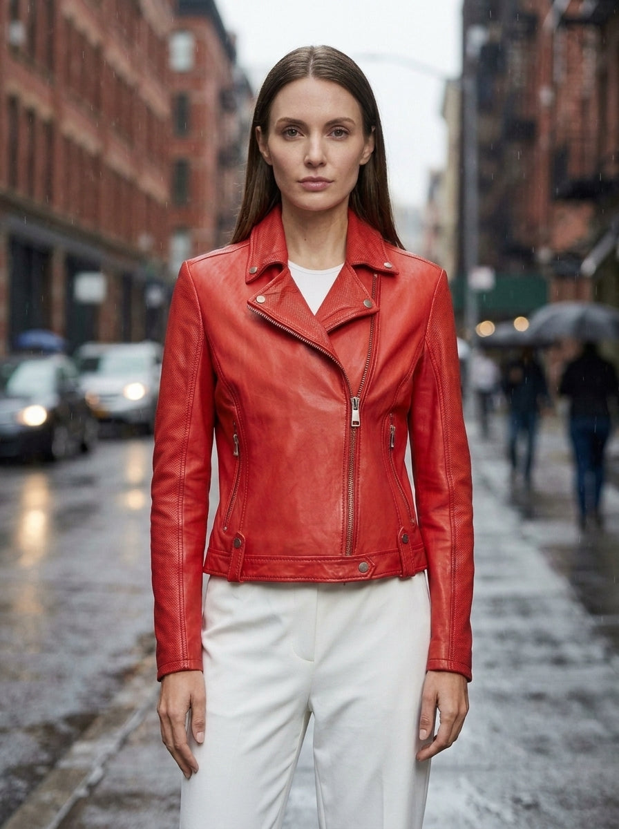 Red Gina Motor Bike Leather Jacket For Women