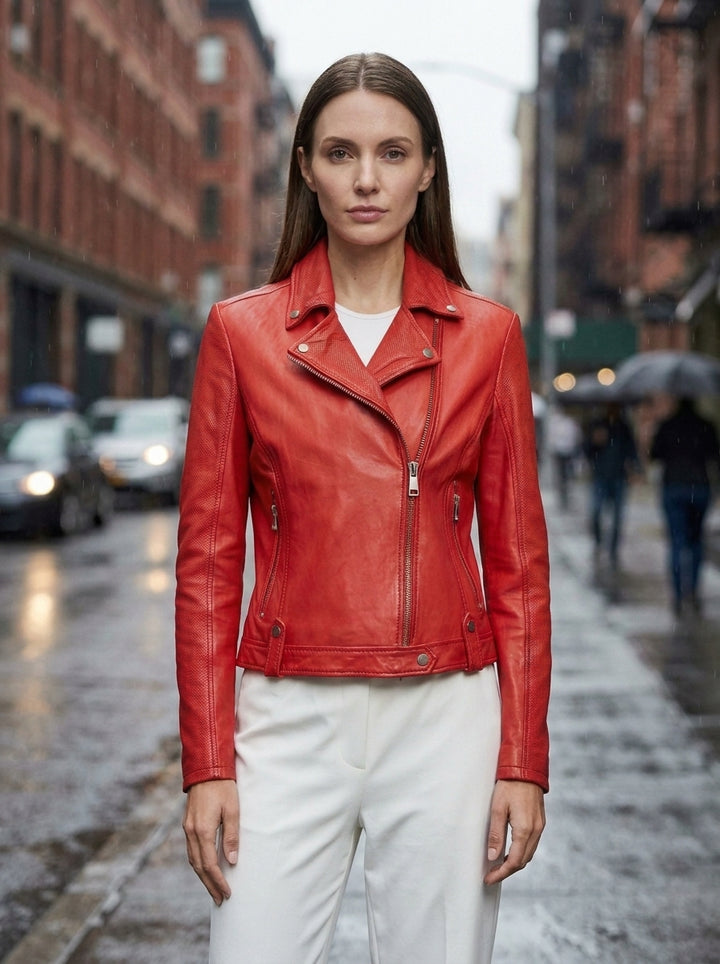 Red Gina Motor Bike Leather Jacket For Women