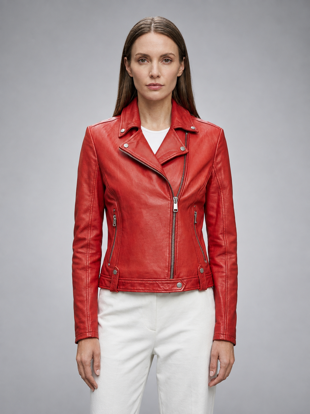 Red Gina Motor Bike Leather Jacket For Women