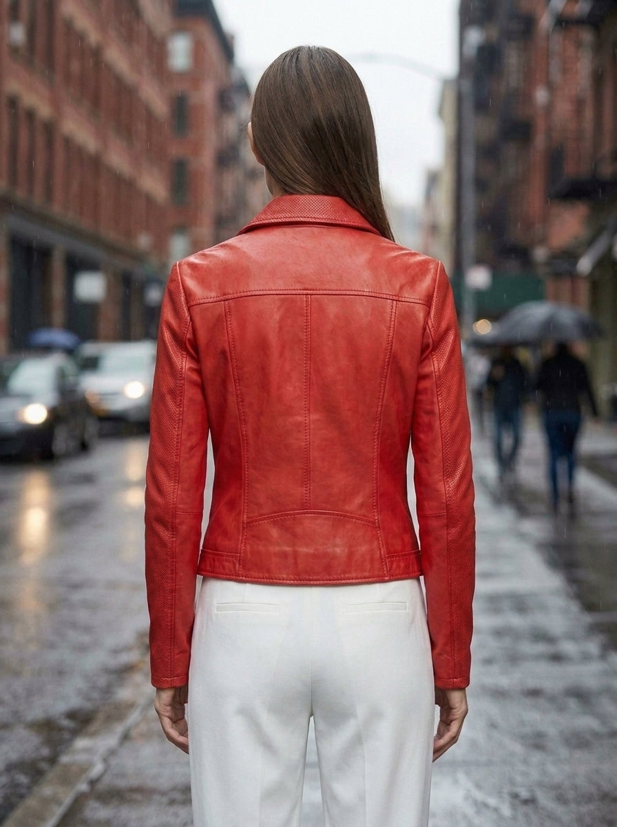 Red Gina Motor Bike Leather Jacket For Women