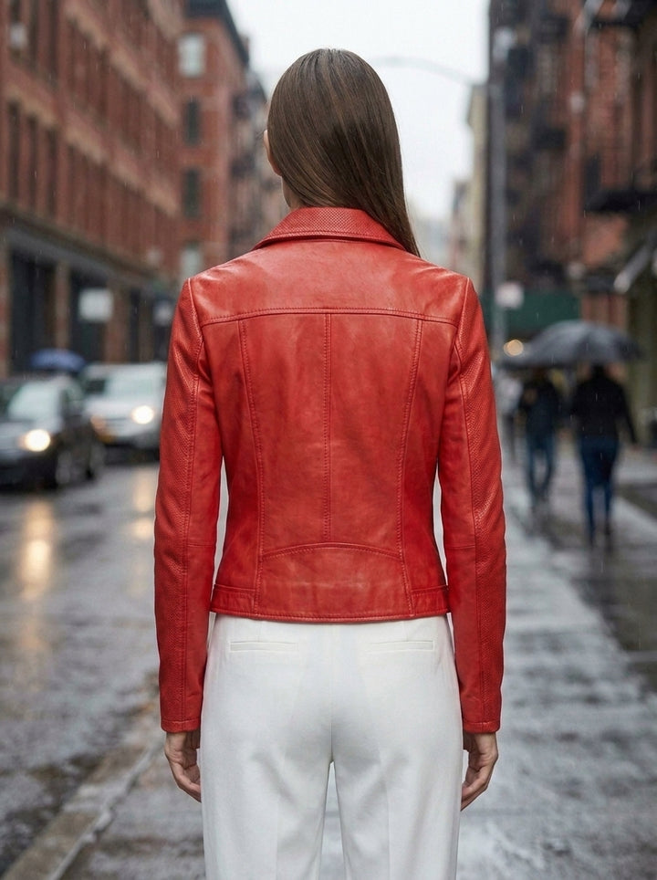 Red Gina Motor Bike Leather Jacket For Women