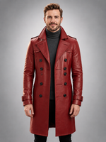 Red Trench Winter Leather Coat For Men