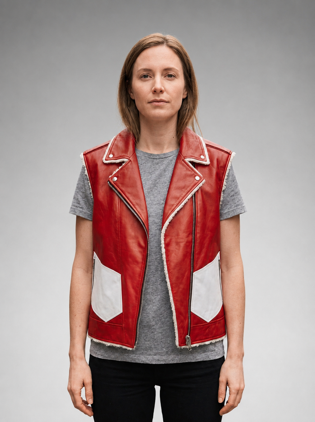 Red & White Vest Leather Jacket For Women