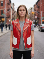 Red & White Vest Leather Jacket For Women