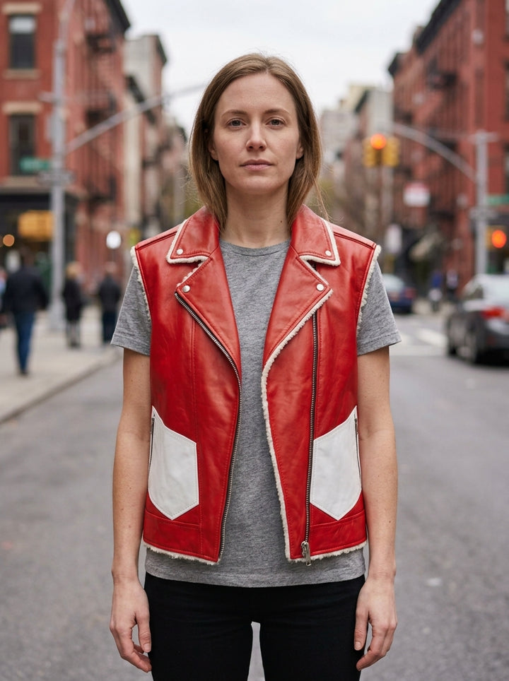 Red & White Vest Leather Jacket For Women