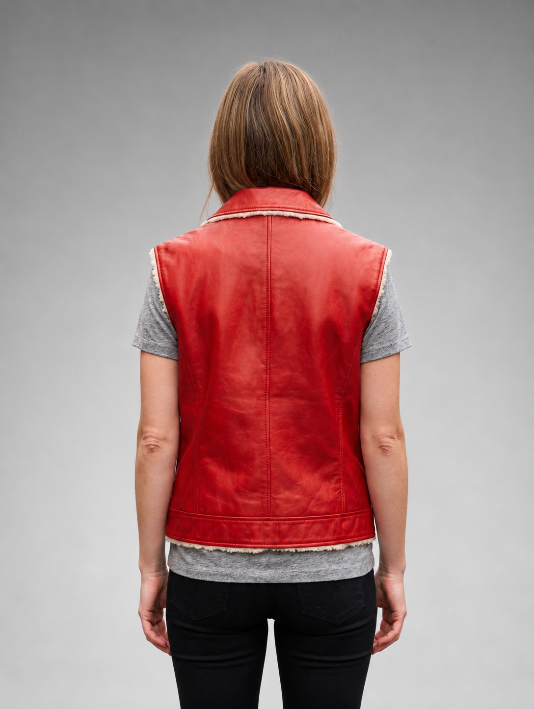 Red & White Vest Leather Jacket For Women