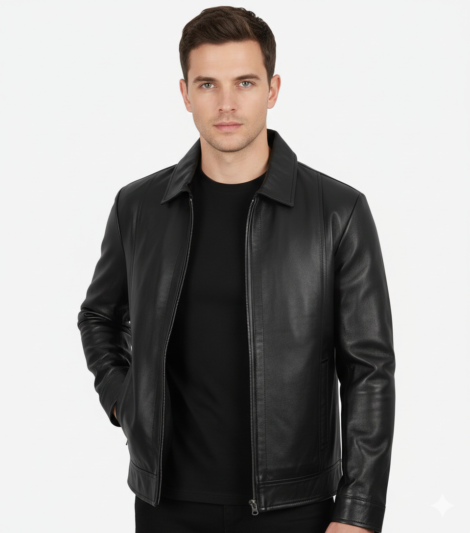 Reeves Men's Genuine Black Leather Harrington Jacket