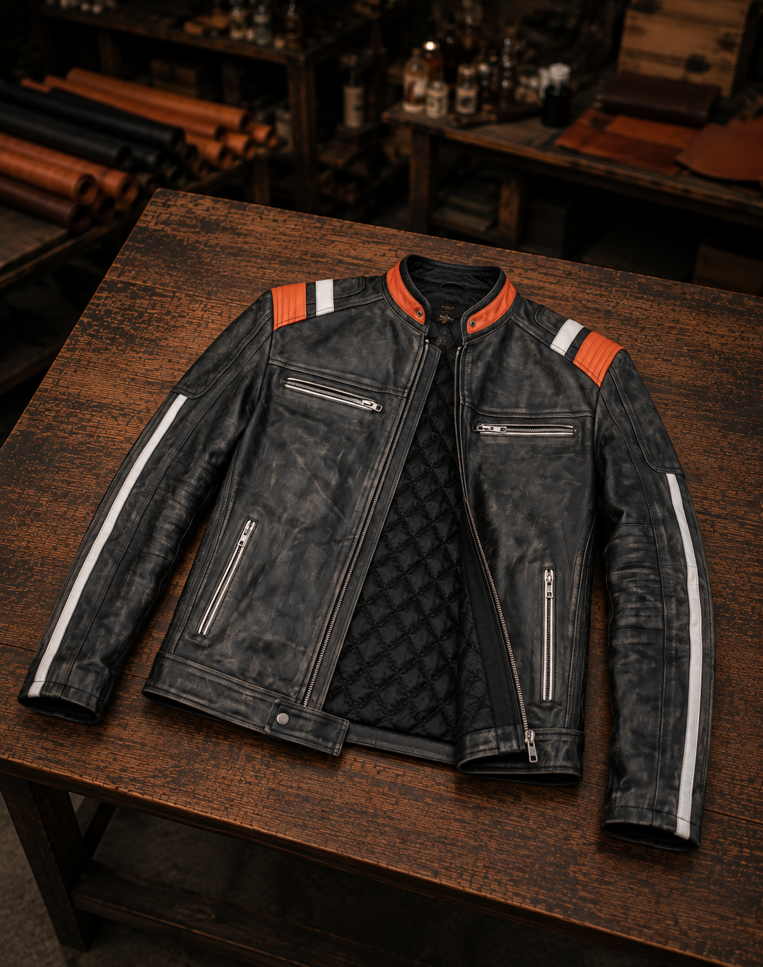 Retro Black Distressed Leather Jacket For Men