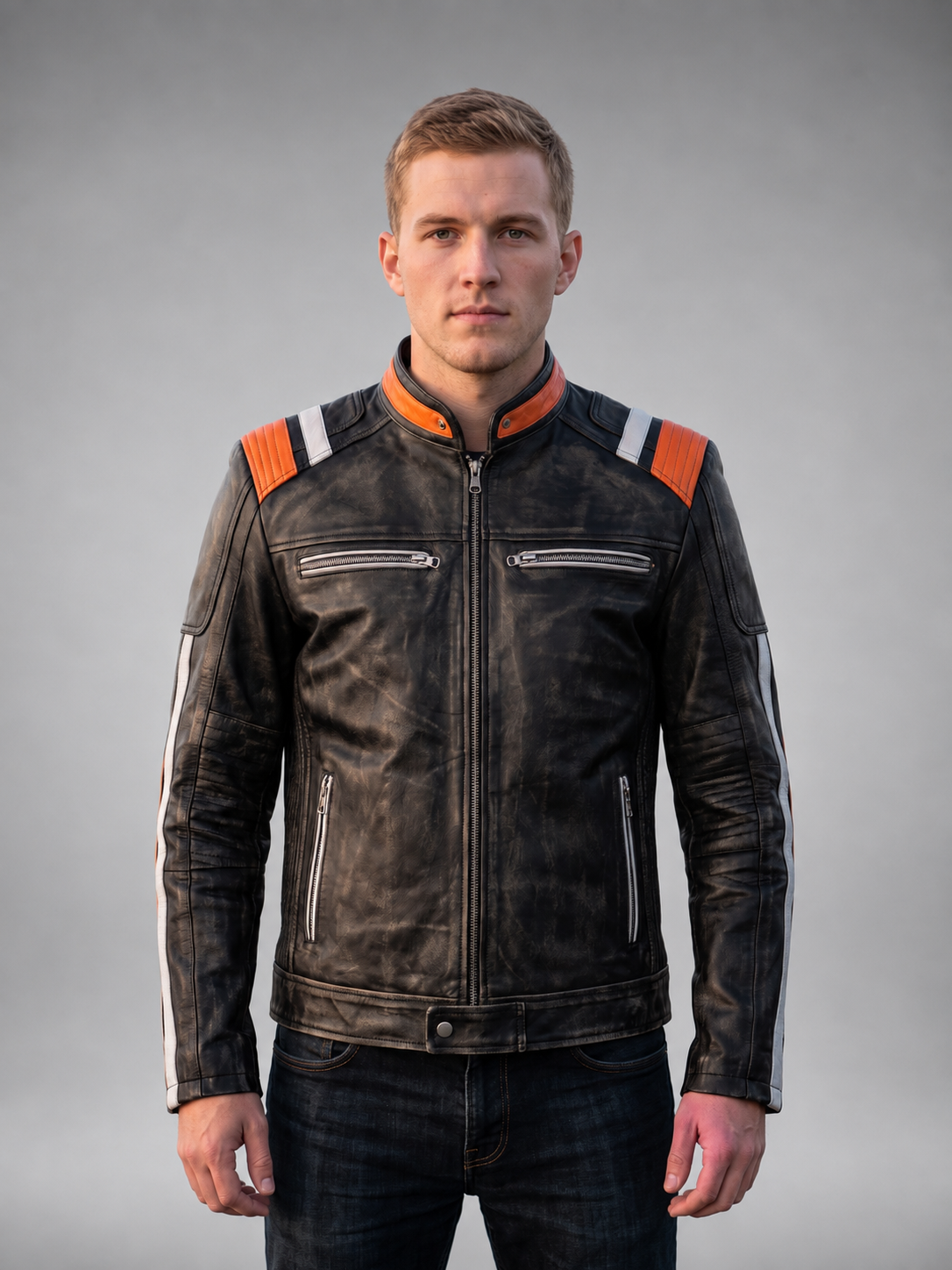 Retro Black Distressed Leather Jacket For Men