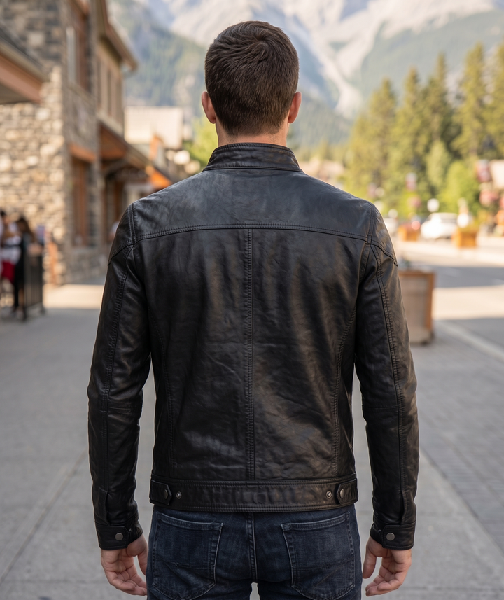 Retro Slim Fit Black Leather Jacket For Men