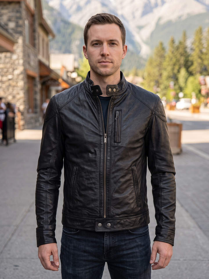 Retro Slim Fit Black Leather Jacket For Men