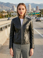 Rhinestone Motor Biker Racer Black Leather Jacket For Women