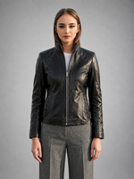 Rhinestone Motor Biker Racer Black Leather Jacket For Women
