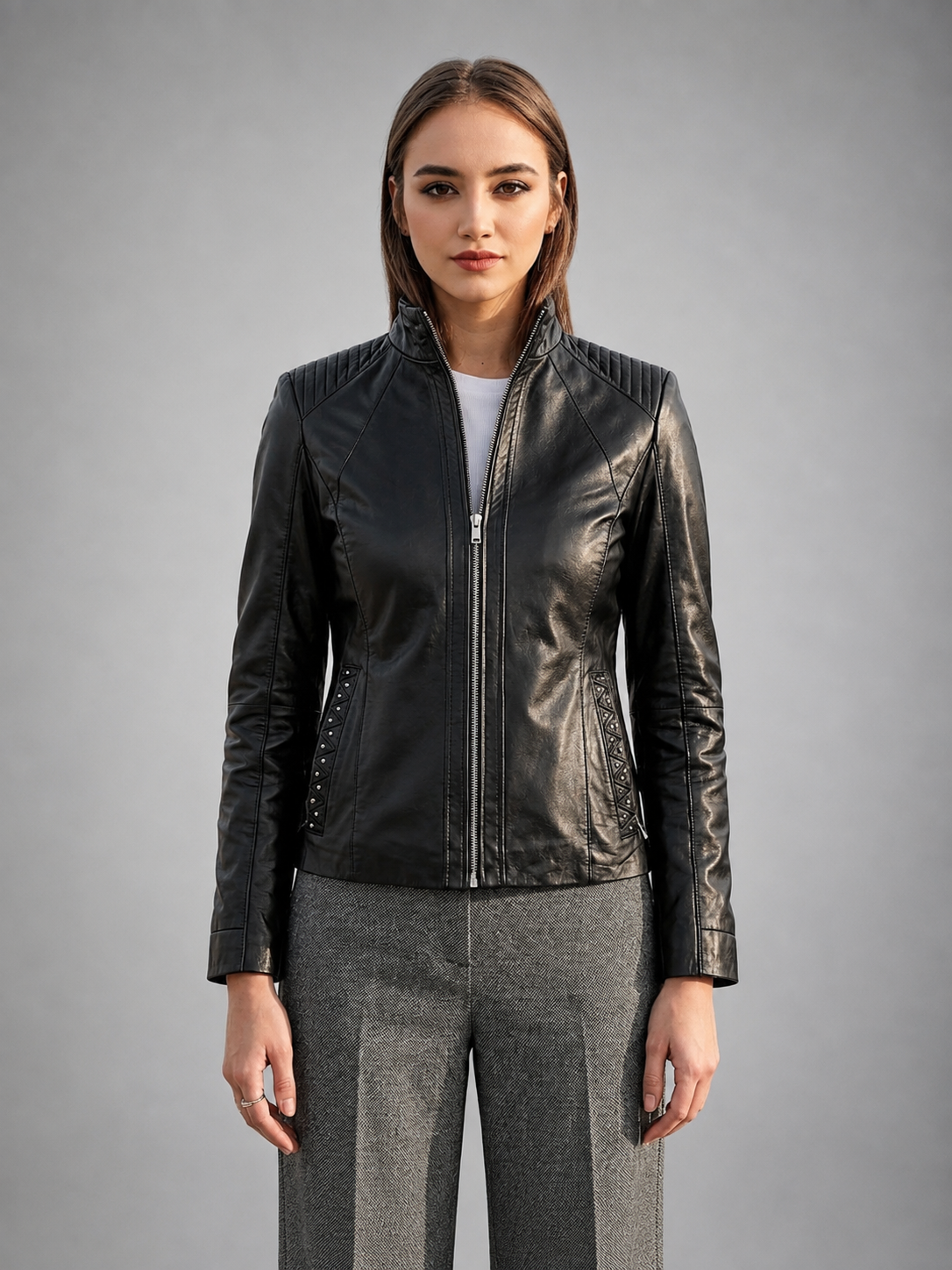 Rhinestone Motor Biker Racer Black Leather Jacket For Women